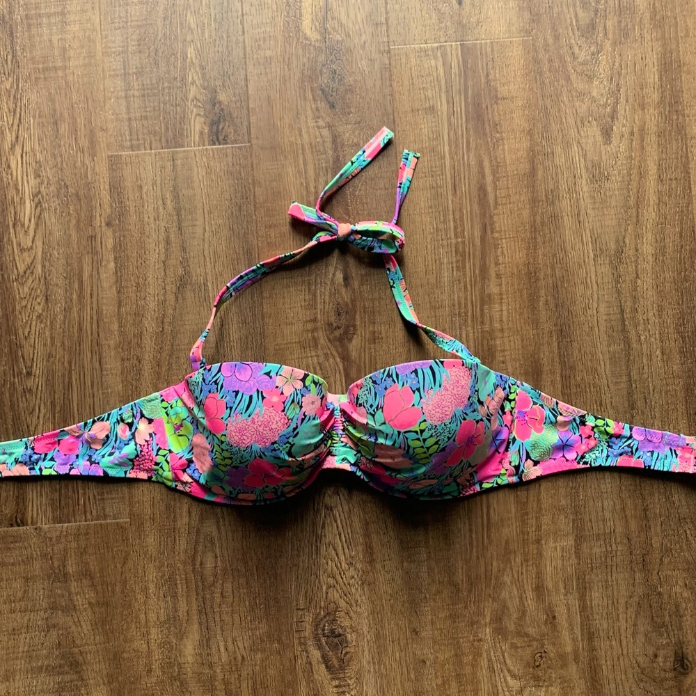 Neon Floral Bikini Top with Metallic Accents